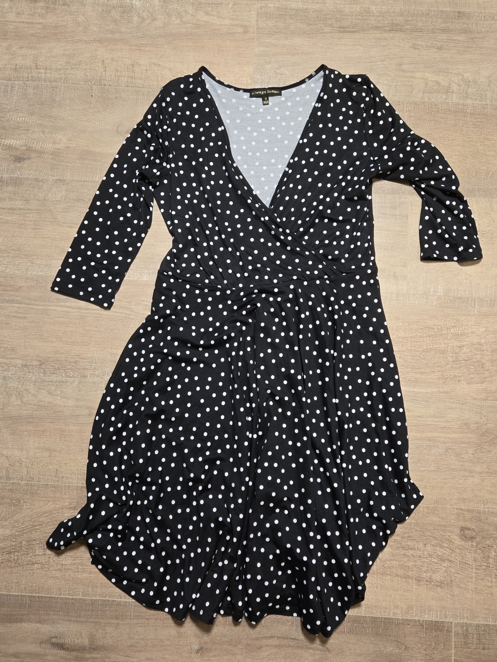 Always Indigo Polka Dot Faux Wrap Dress 1X 3/4 Sleeve Black White